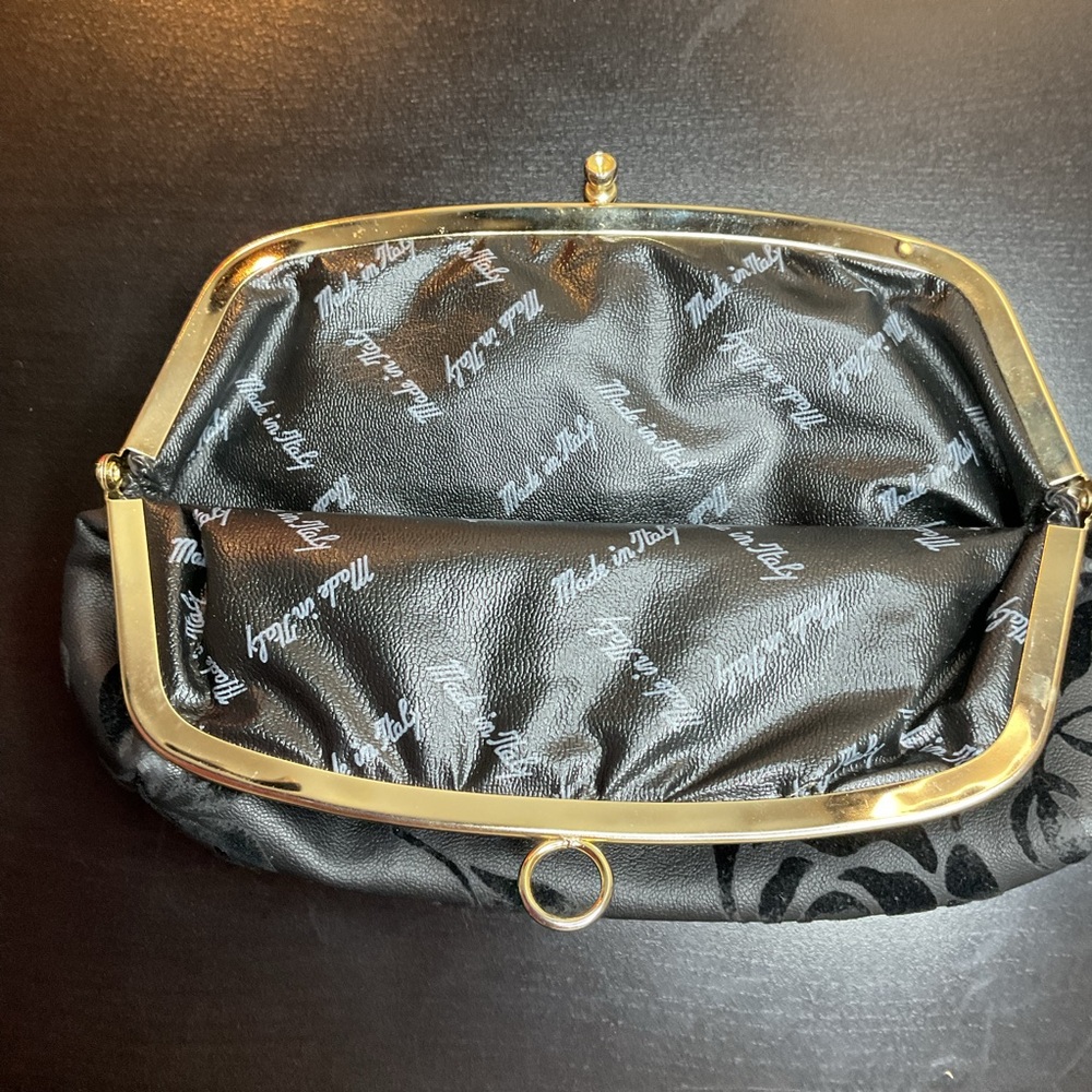 Vintage Italian Leather Rose Black Clutch Gold Frame Floral Evening Bag Chic - Picture 3 of 3